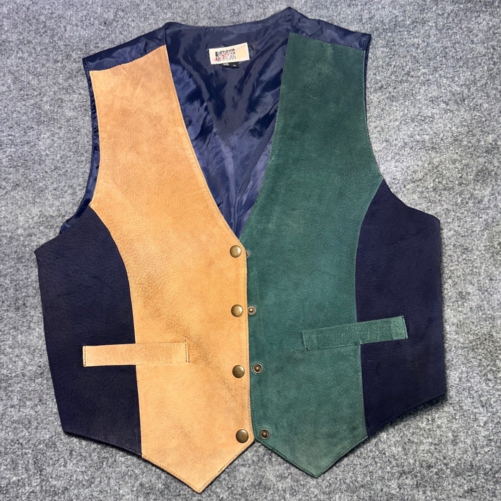 Sarah Morgan Vintage Colorblock Suede Leather Vest Navy Green Tan Mens Large